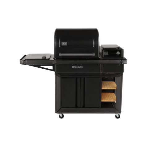 Black pellet grill with side shelf and digital control panel for outdoor living and wood pellet grills collections