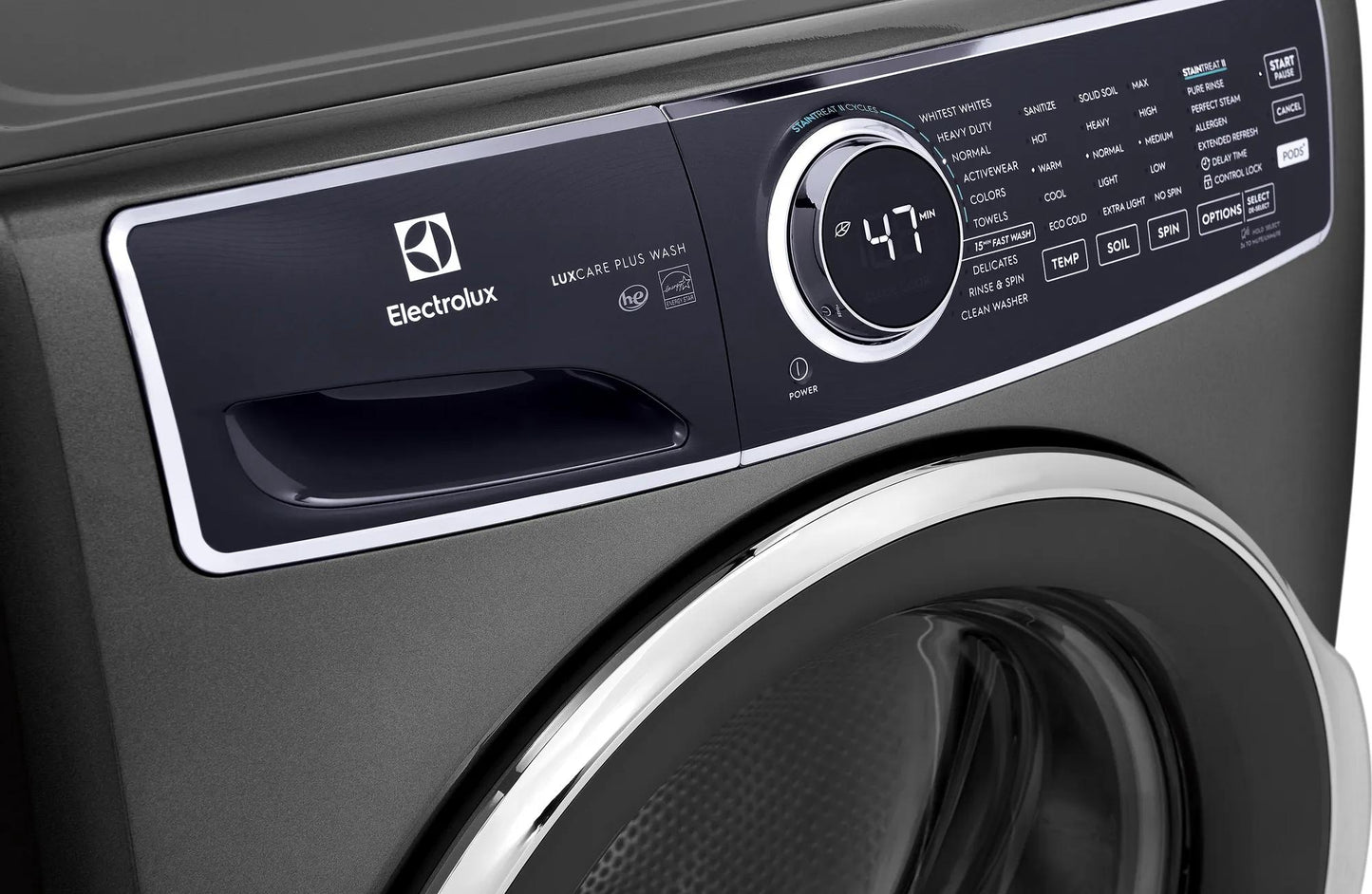 Dark gray front load washer control panel with digital display and cycle options in Front Load Washers collection