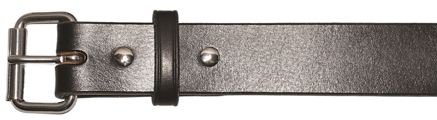 Black leather heavy-duty belt with silver metal buckle and rivet details for durable home improvement use