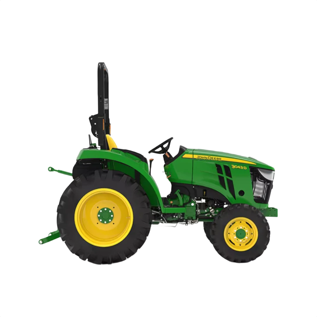Side view of green and yellow compact tractor with open operator seat for agricultural and home improvement tasks