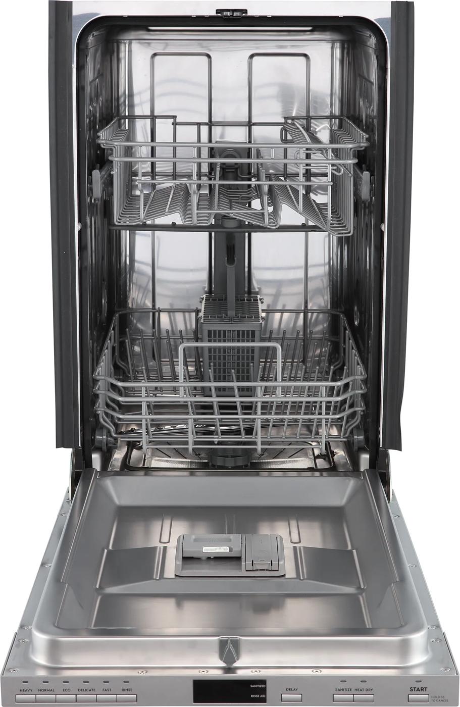 Open view of the stainless steel interior of an 18-inch panel ready dishwasher showing racks and detergent dispenser in Built-in Dishwashers and Kitchen & Kitchenware at Hartville Hardware.