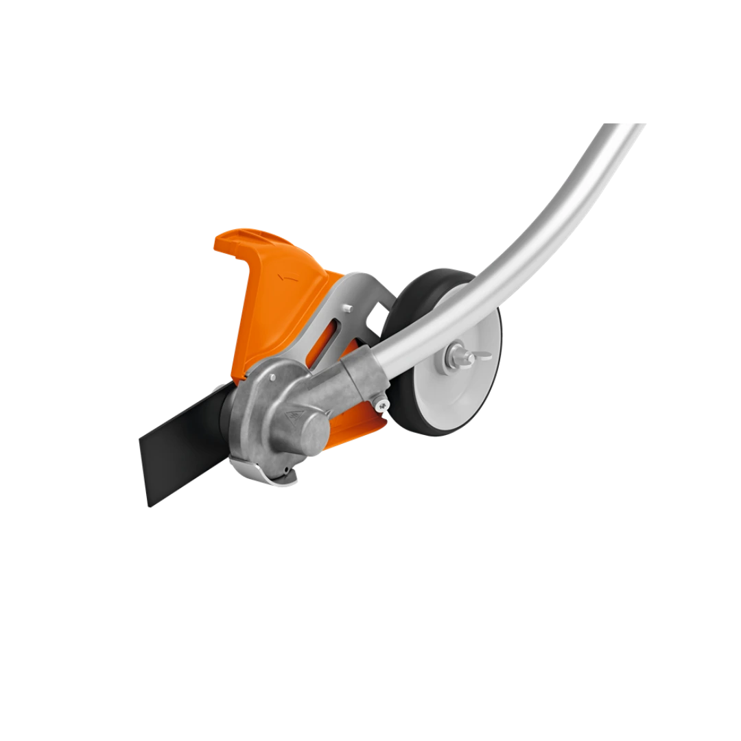 Close-up of STIHL battery-powered curved shaft edger blade and guide wheel for precise lawn edging in outdoor power tools.