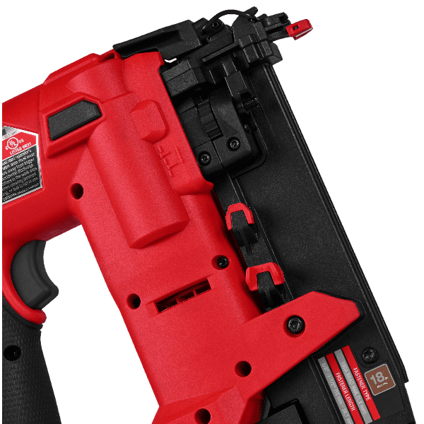 Close-up view of red and black 18 gauge compact brad nailer designed for precise home improvement applications
