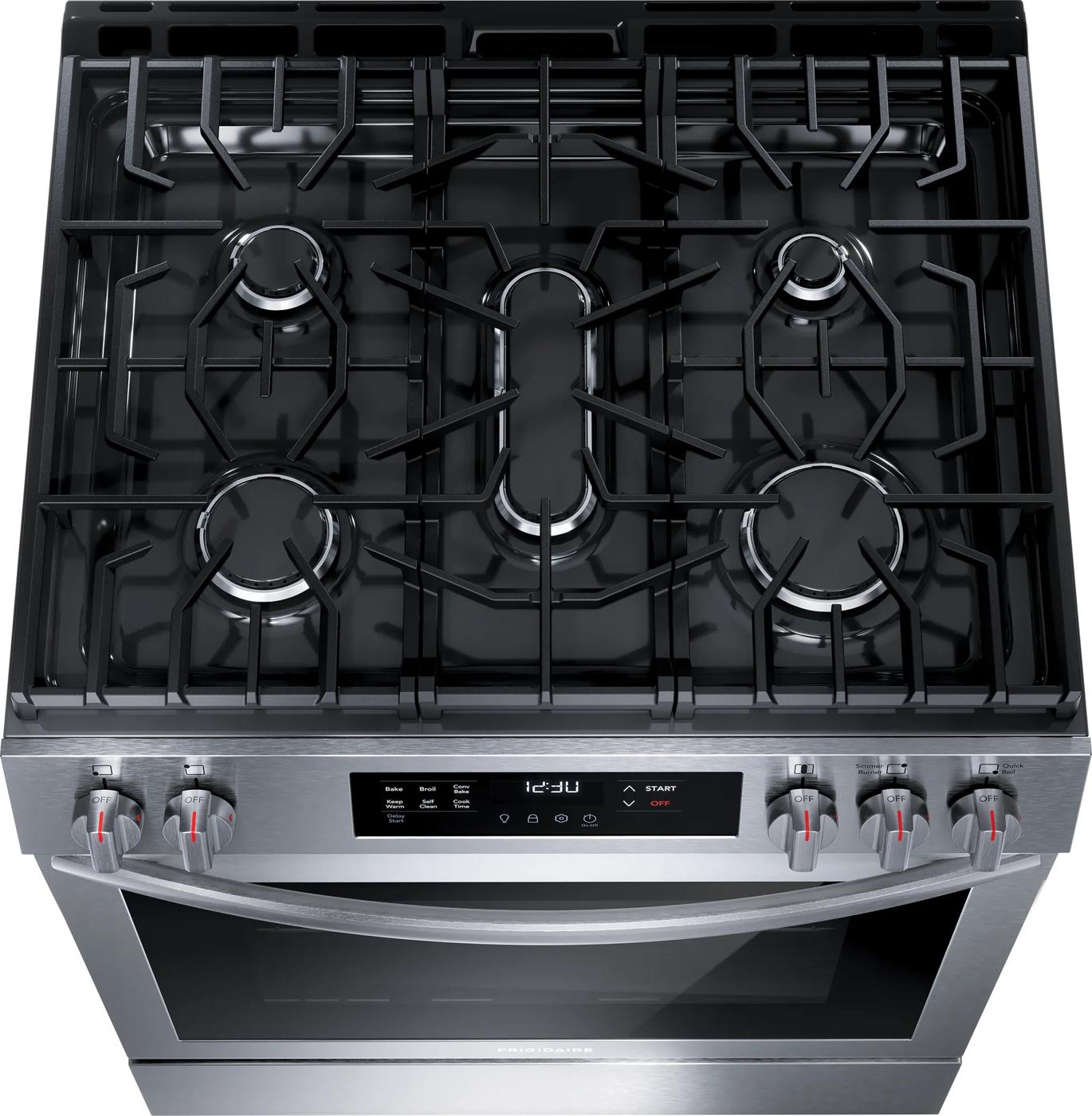 30" front control gas range with five burners, convection oven, and digital display from ranges and appliances collections