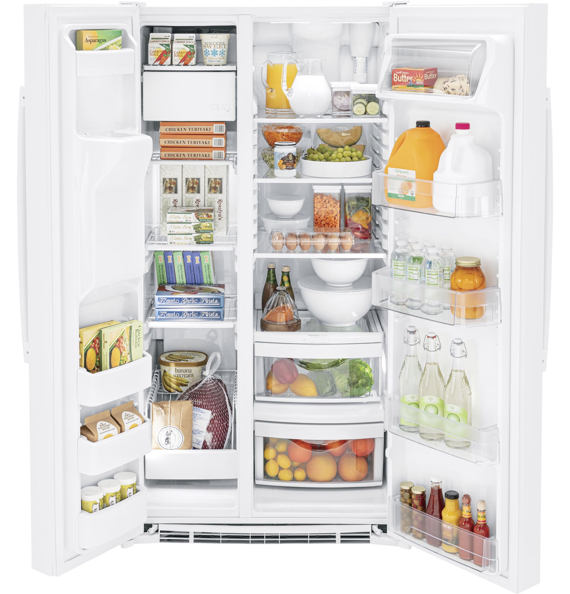 Open side-by-side refrigerator with organized fresh produce, beverages, dairy, and frozen foods in clear drawers and shelves