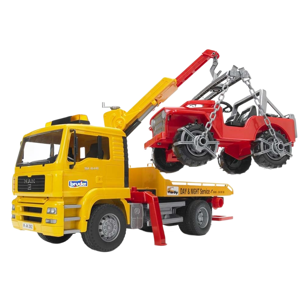 Yellow toy tow truck lifting red cross country vehicle, detailed with realistic design for play and collection