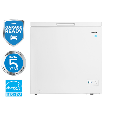 White chest freezer with front temperature control dial, power indicator, and compact design for kitchen and appliance use.