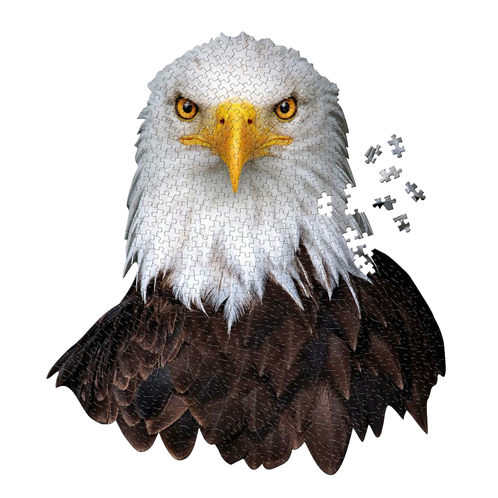 Partially completed eagle head-shaped puzzle with white feathers and yellow eyes in toys and games under $50 collections