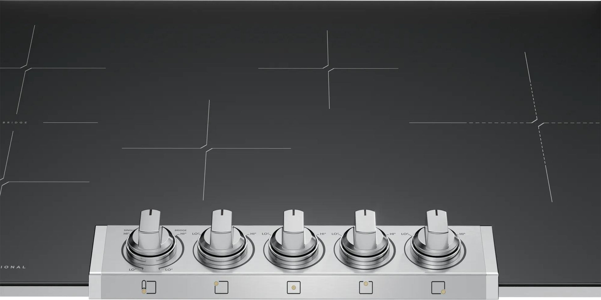 Induction cooktop with five silver control knobs on a smooth black surface in kitchenware and appliances collection