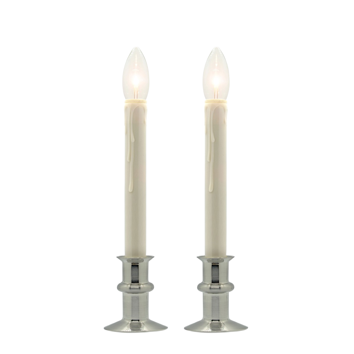 Two brushed nickel window candles with realistic flame bulbs designed for decorative home lighting