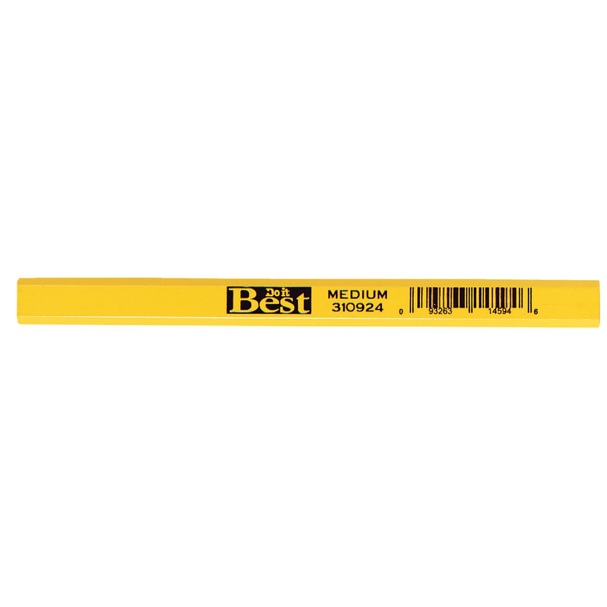 Yellow medium carpenter pencil with black printed branding and barcode for home improvement use