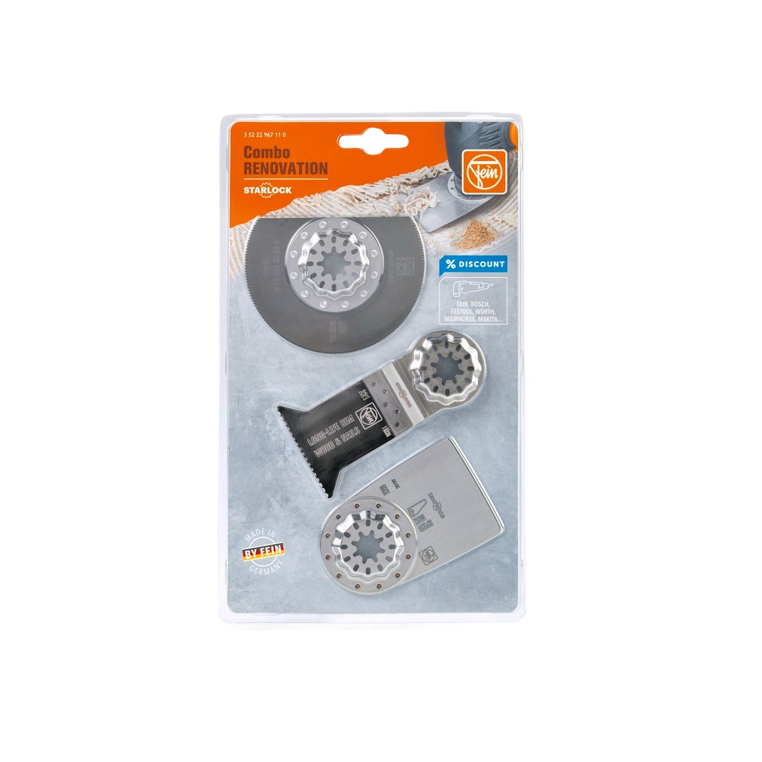 Set of three Starlock-compatible multi-tool blades for renovation tasks, part of woodworking and power tool accessories collections