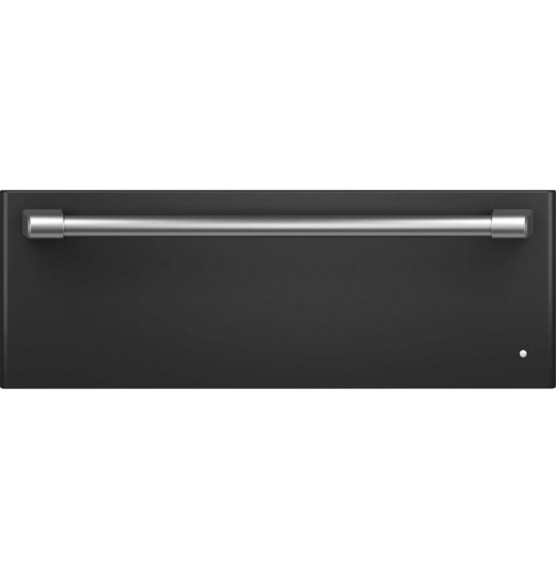 Matte black warming drawer with long stainless steel handle from kitchen appliances and wall ovens collection