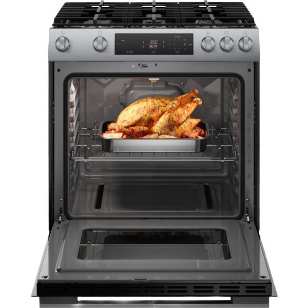 Freestanding stainless steel gas range with open oven door showing roasted chicken inside from Ranges & Kitchenware collection