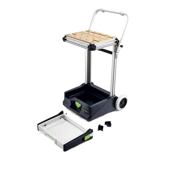 Portable mobile workshop cart with wooden top, storage compartments, and wheels for woodworking tool organization and mobility