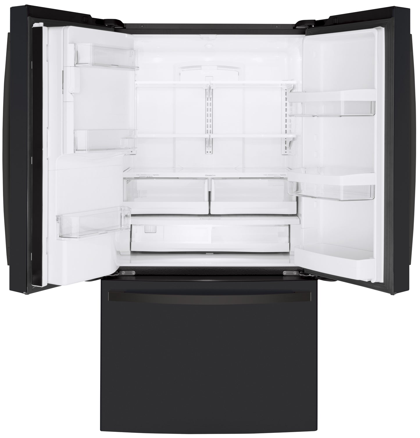 Open black counter-depth French-door refrigerator with spacious adjustable shelves in kitchen appliances collection