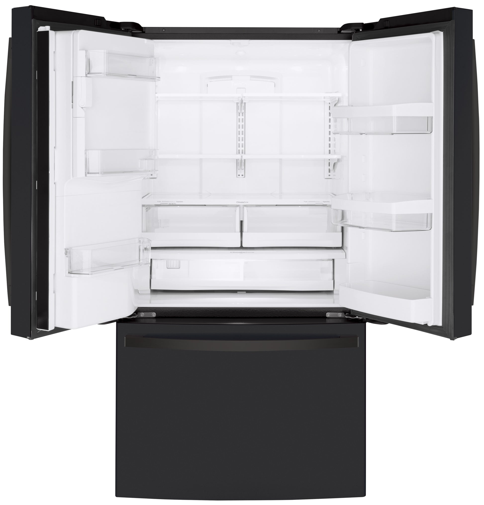 Open black counter-depth French-door refrigerator with spacious adjustable shelves in kitchen appliances collection