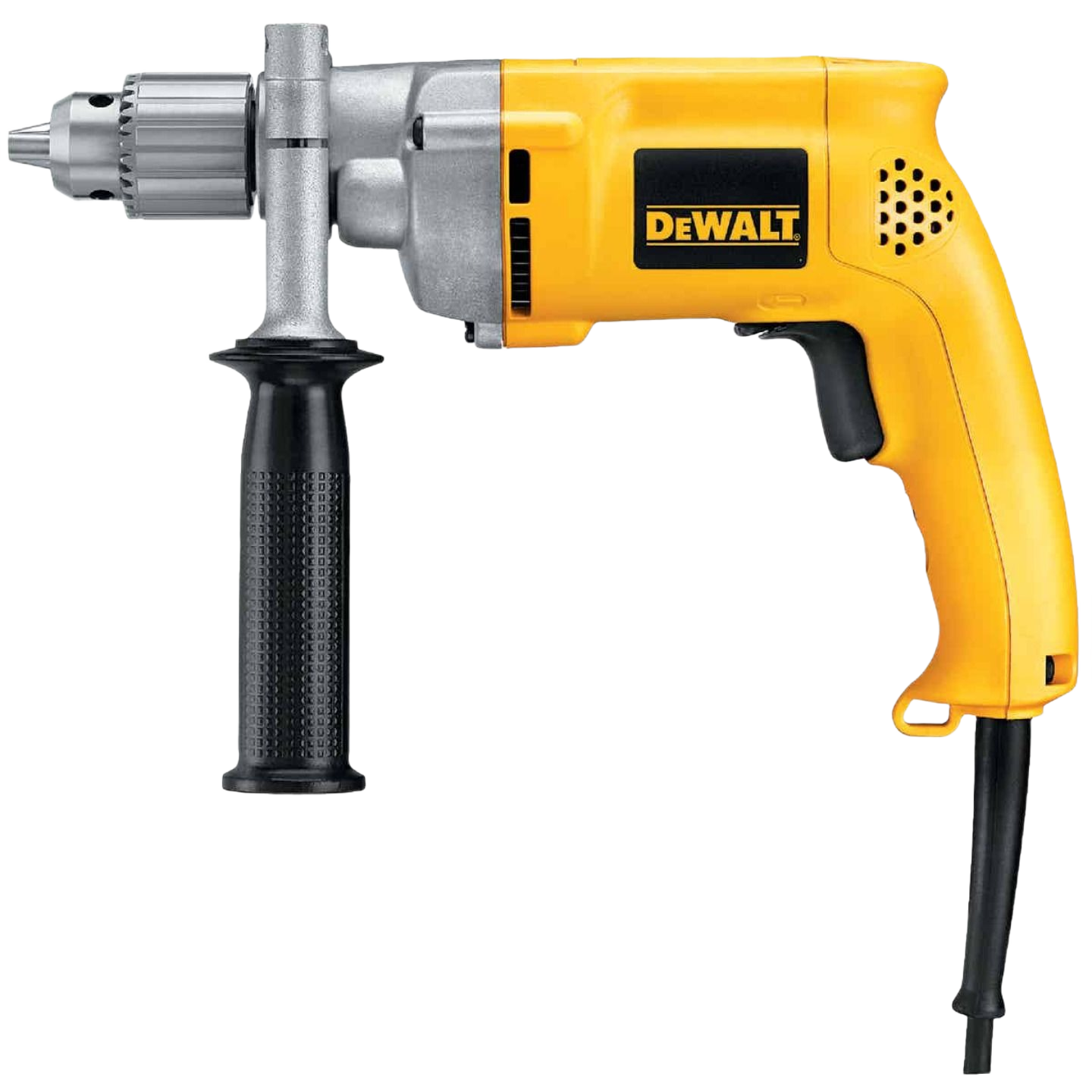Yellow and black corded drill with side handle and key chuck for precision drilling in home improvement tasks