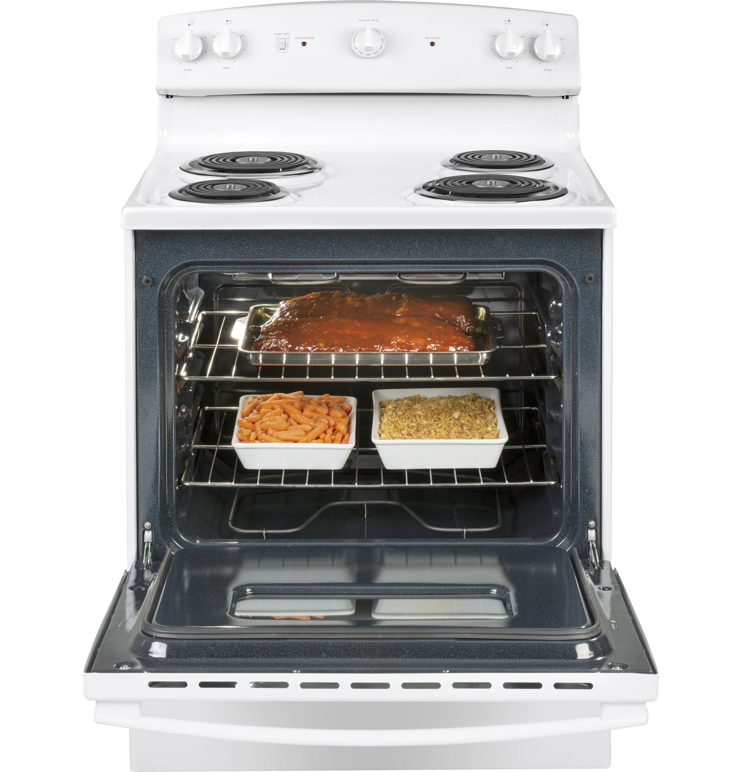 White freestanding electric range with open oven containing baked dishes on two racks in kitchen appliances collection