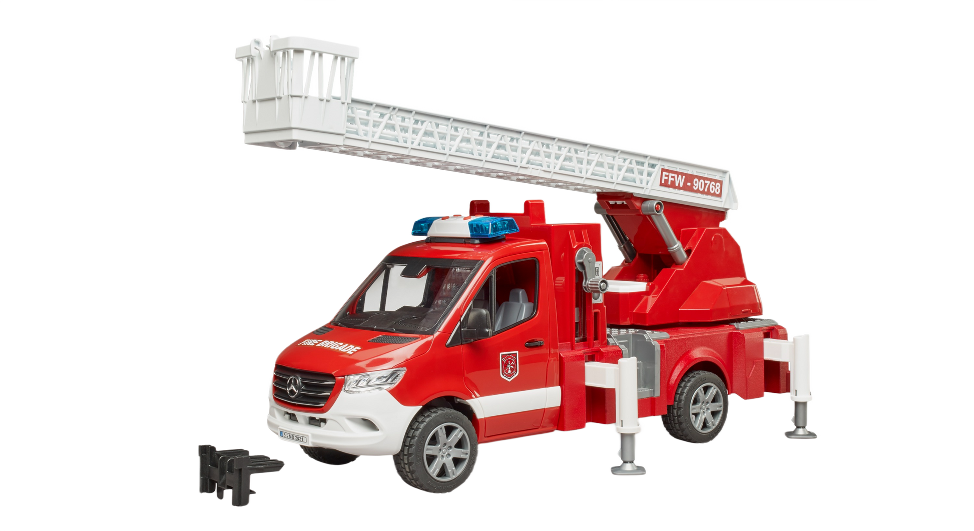 Red Bruder MB Sprinter fire engine model with extended ladder and stabilizing supports for tools and home improvement play