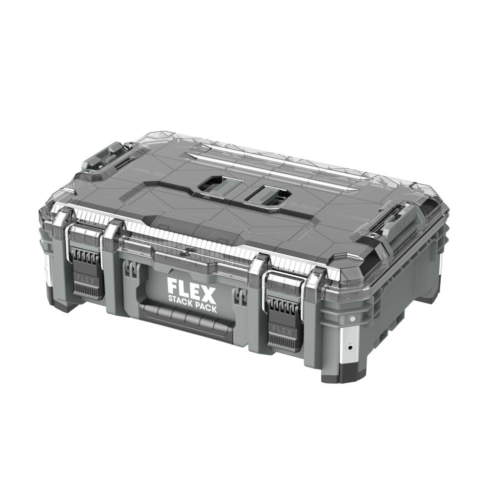 Gray and clear FLEX STACK PACK deep organizer with secure latches and handle, part of tool storage and workshop organization at Hartville Hardware for home improvement.