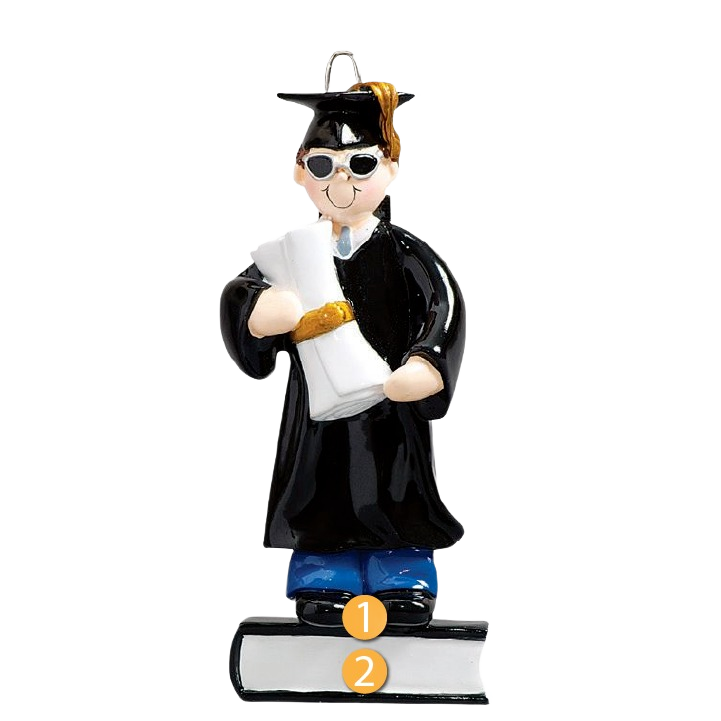 Brown-haired male graduate figurine ornament wearing cap, gown, sunglasses, holding diploma, standing on books, Christmas decoration under $50