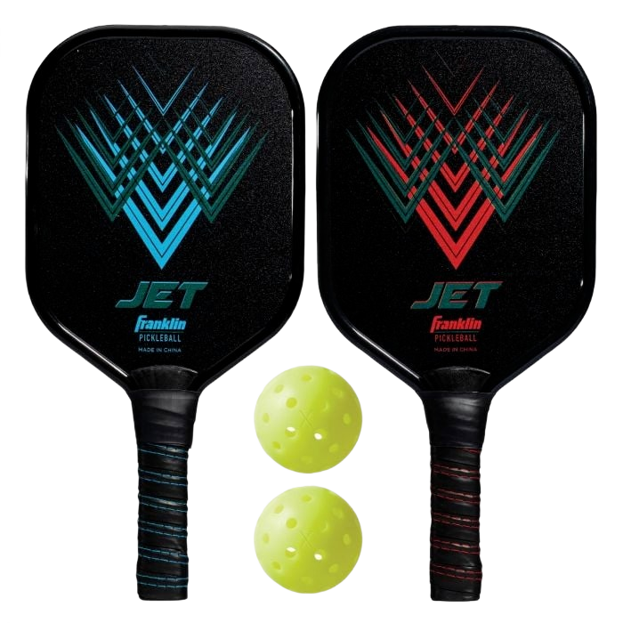 Two lightweight aluminum pickleball paddles with geometric designs next to two yellow perforated balls