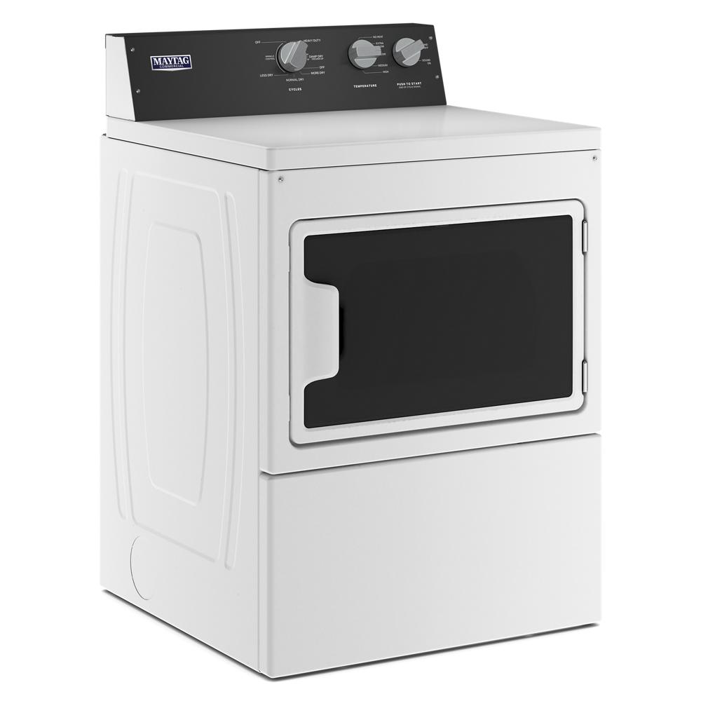 White commercial-grade residential gas dryer with black control panel and moisture sensor in gas dryers collection