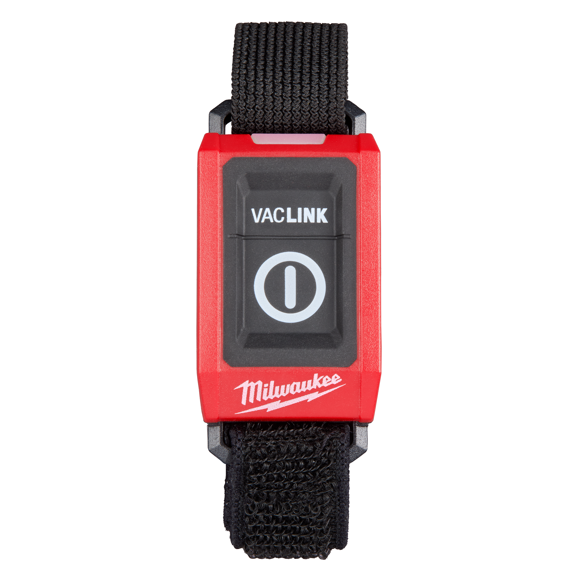 Red and black Milwaukee VACLINK remote control with adjustable strap for tools and home improvement use
