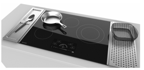 Sleek black glass electric cooktop with four heating zones, touch controls, and stainless steel side trays for kitchen appliances collection