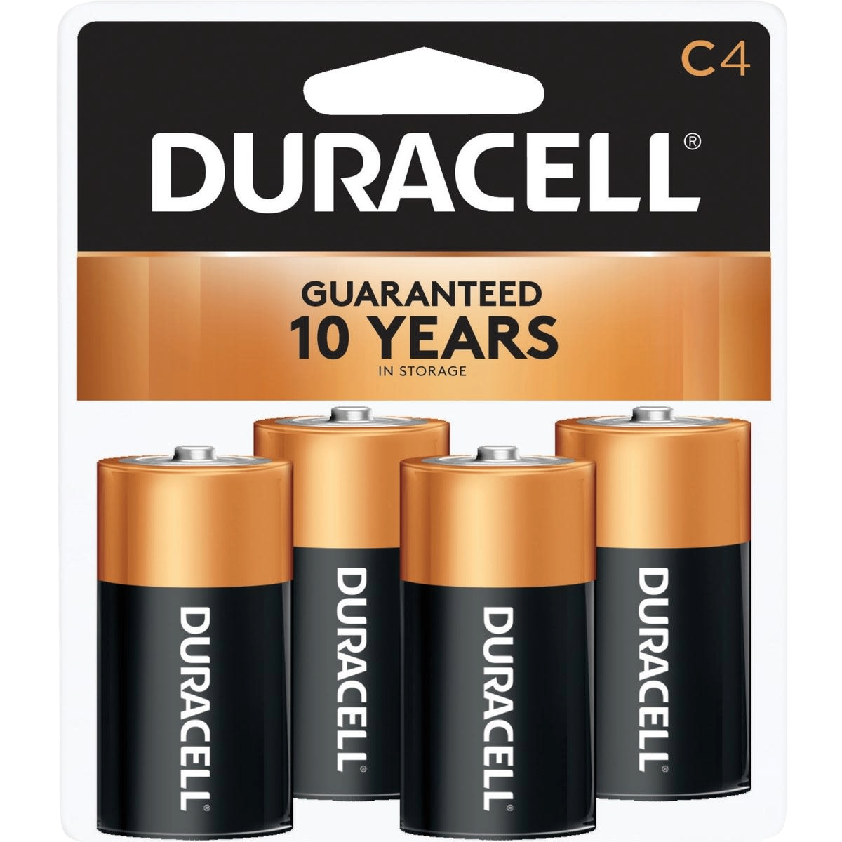 Four-pack of Duracell CopperTop alkaline C batteries for household and electrical use with long storage life