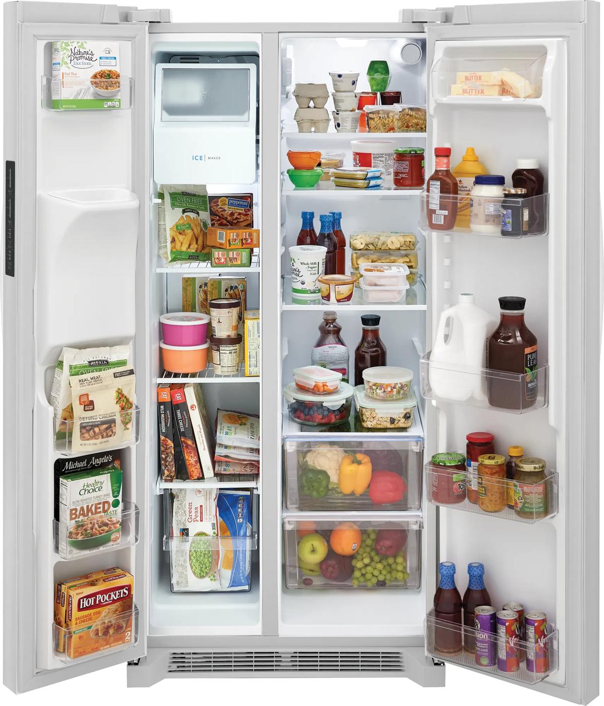 Open white side-by-side refrigerator stocked with groceries from Refrigerators and Appliances collections