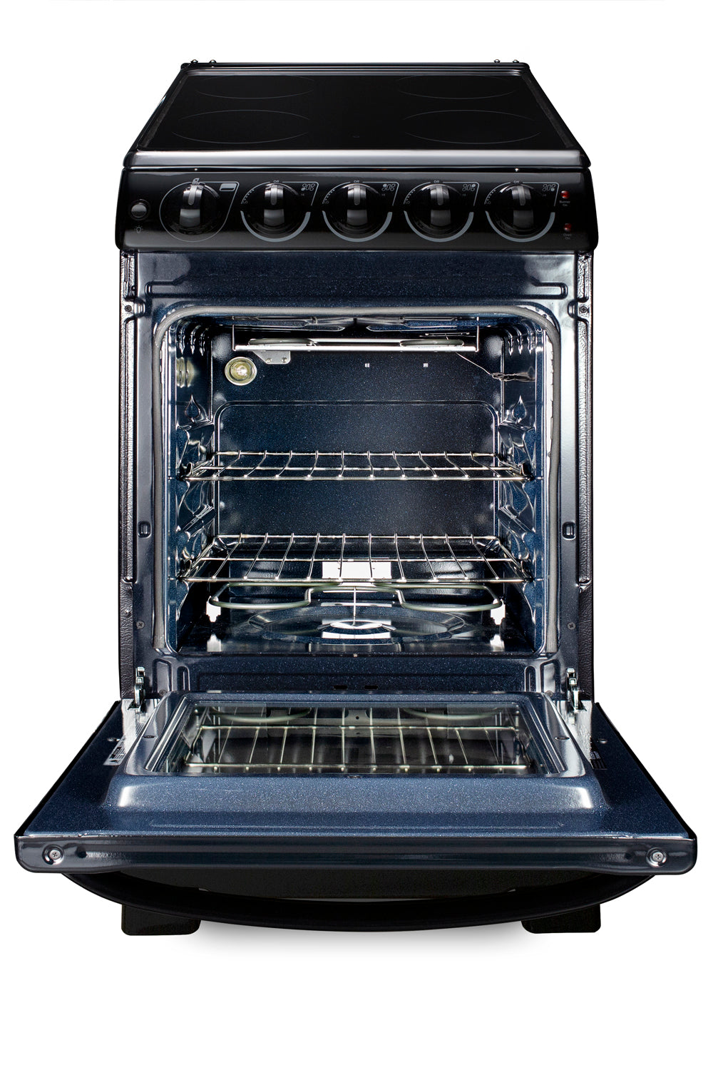 Jet black electric range with smooth cooktop and open oven door, featuring multiple racks for versatile cooking options.