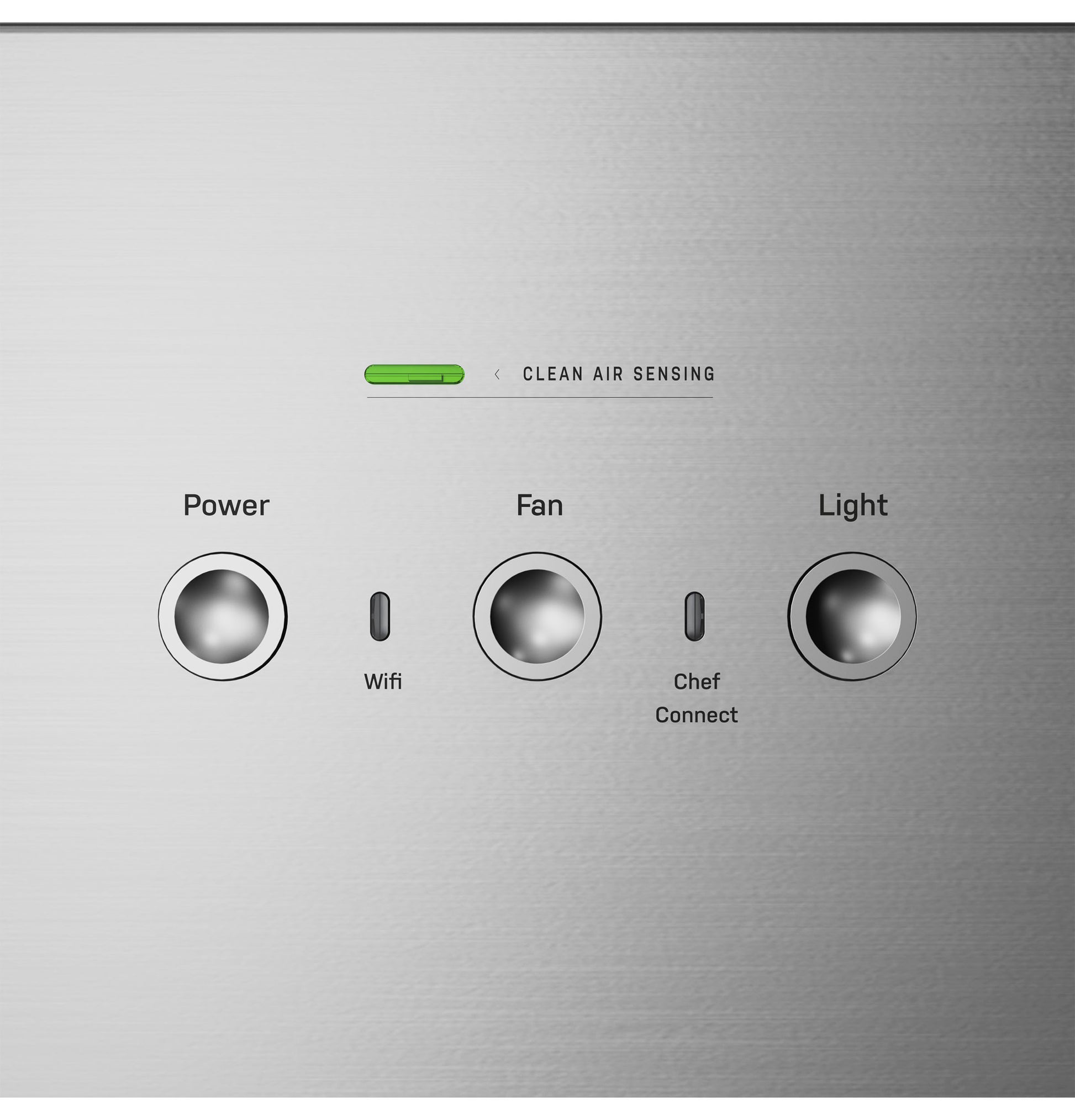 Close-up of stainless steel control panel with power, fan, and light buttons featuring clean air sensing indicator