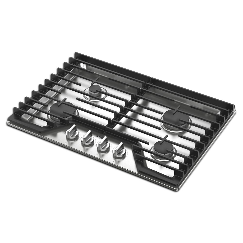 Whirlpool stainless steel 30-inch gas cooktop with four burners and EZ-2-Lift hinged cast-iron grates for home use