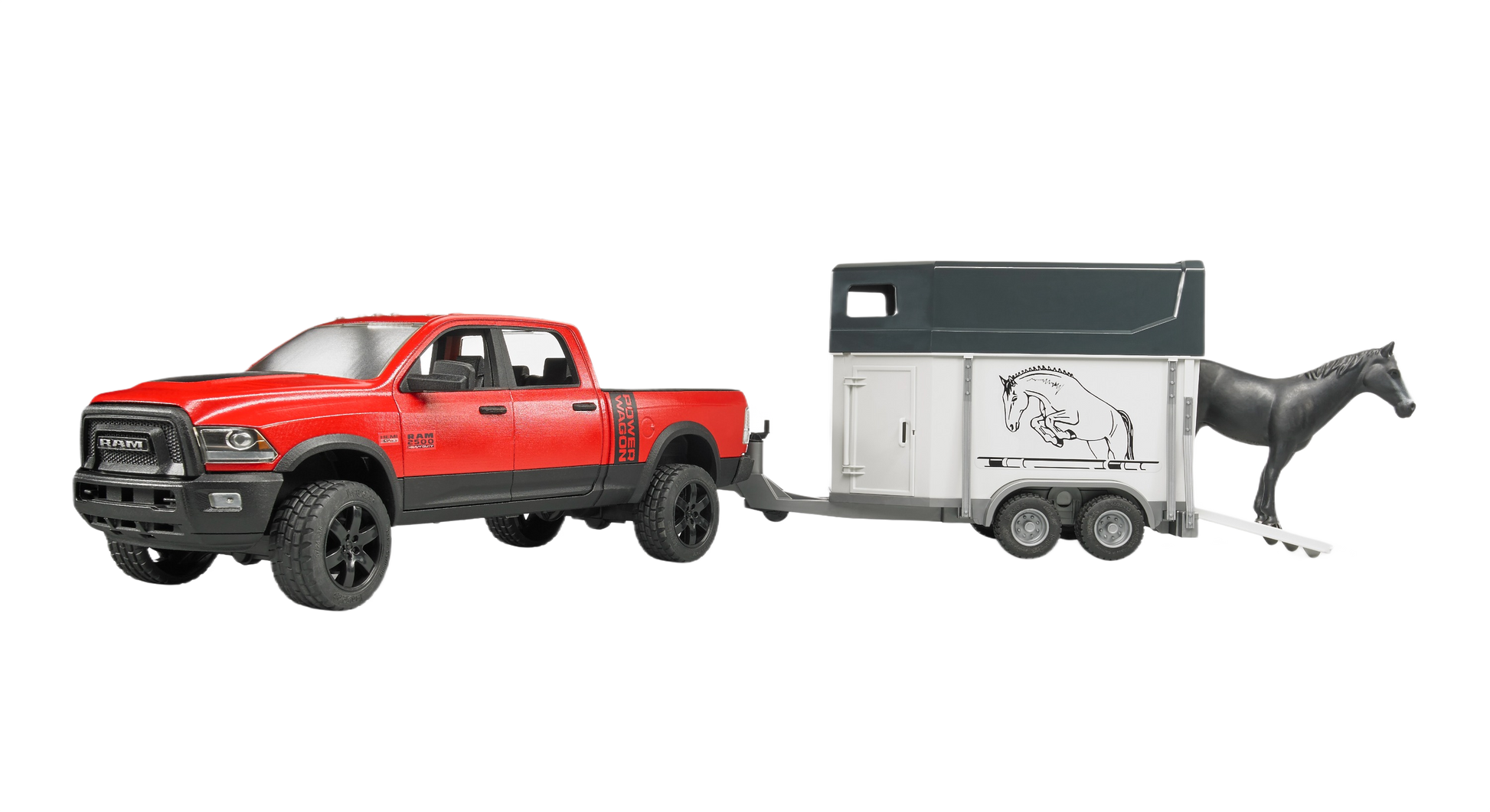 Red Bruder Ram 2500 toy pickup towing a gray horse trailer with black horse figure in vehicles and toys collection