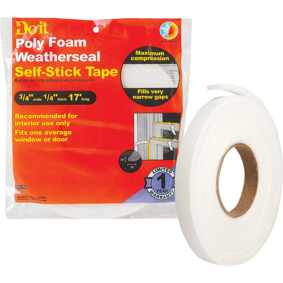 Roll of white foam weatherstrip tape with self-adhesive backing for sealing doors and windows in home improvement projects