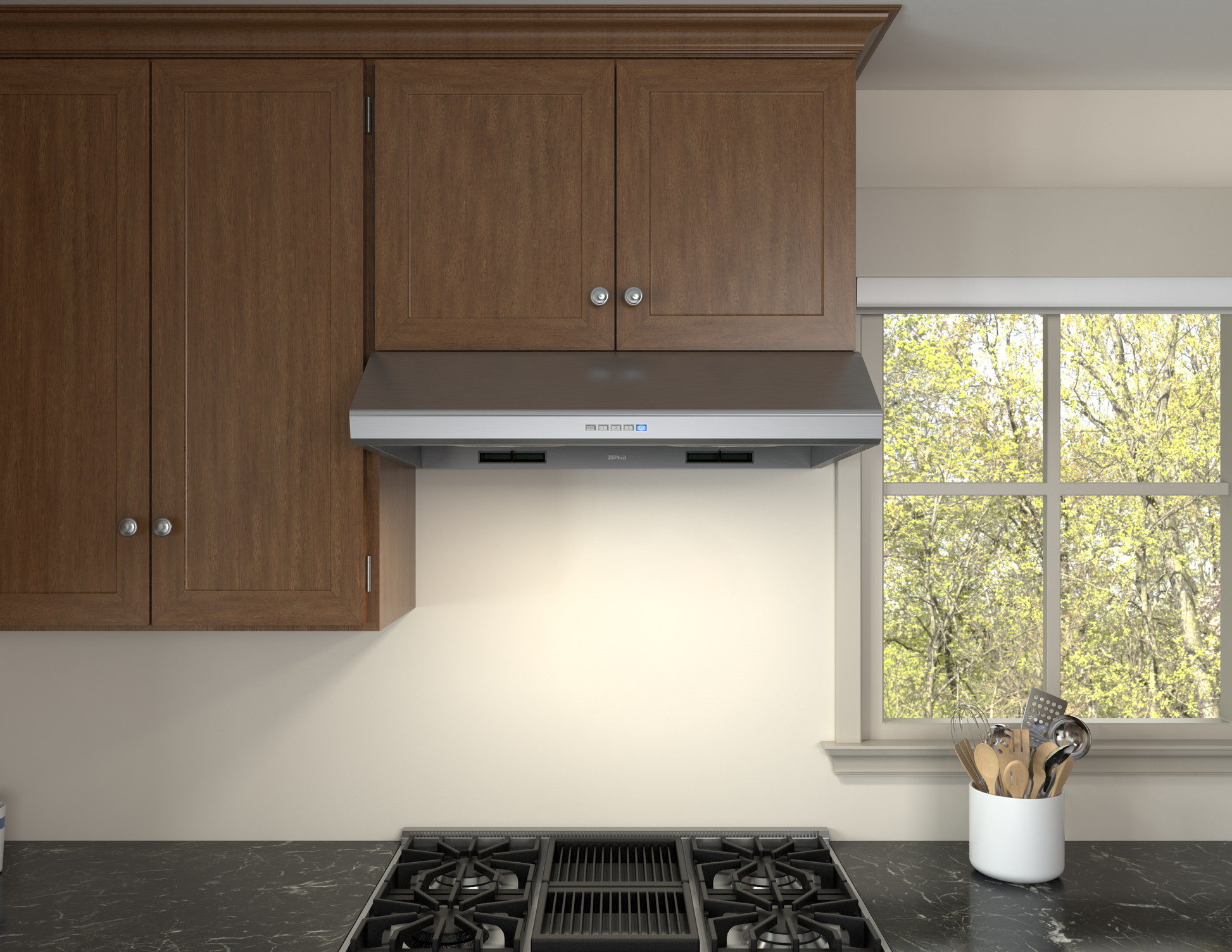Stainless steel under-cabinet range hood with dual LED lights installed above a black gas cooktop, part of Under Cabinet Range Hoods, Kitchen & Kitchenware, Appliances, and All Products collections.