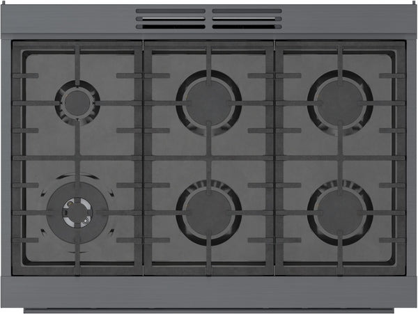 Top view of black stainless steel 36-inch gas freestanding range with six burners and cast iron grates from kitchen appliances collection
