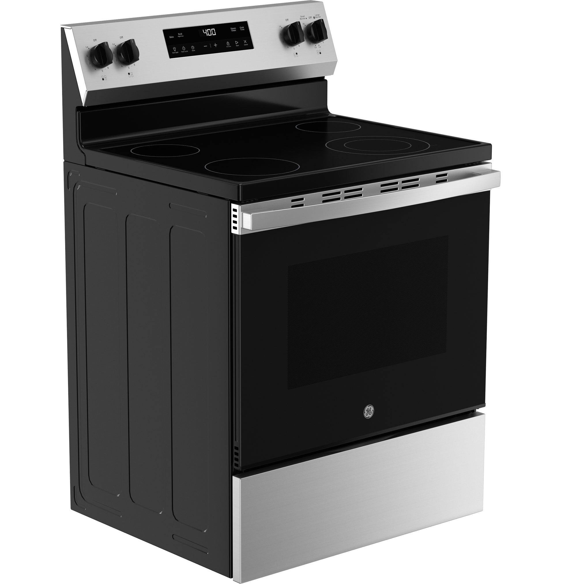 Free-standing electric range with smooth black glass cooktop and stainless steel control panel and handle in kitchen setting
