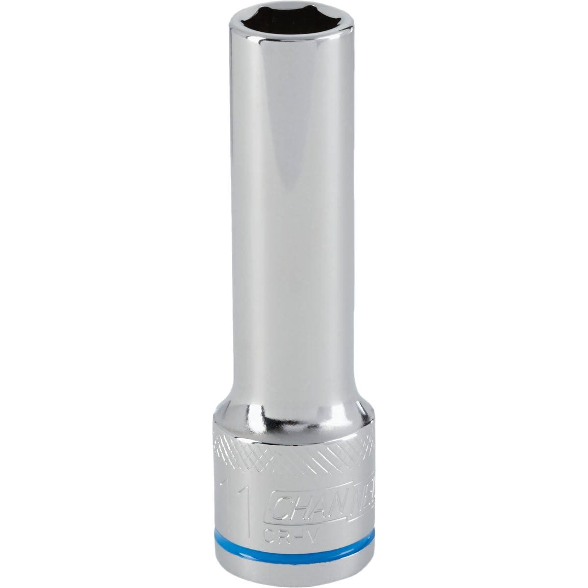 Polished chrome 11mm deep metric socket with textured band for improved grip in hand tools and home improvement sets
