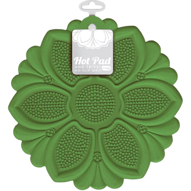 Green silicone trivet with textured non-slip grip in floral petal design for kitchen and home use