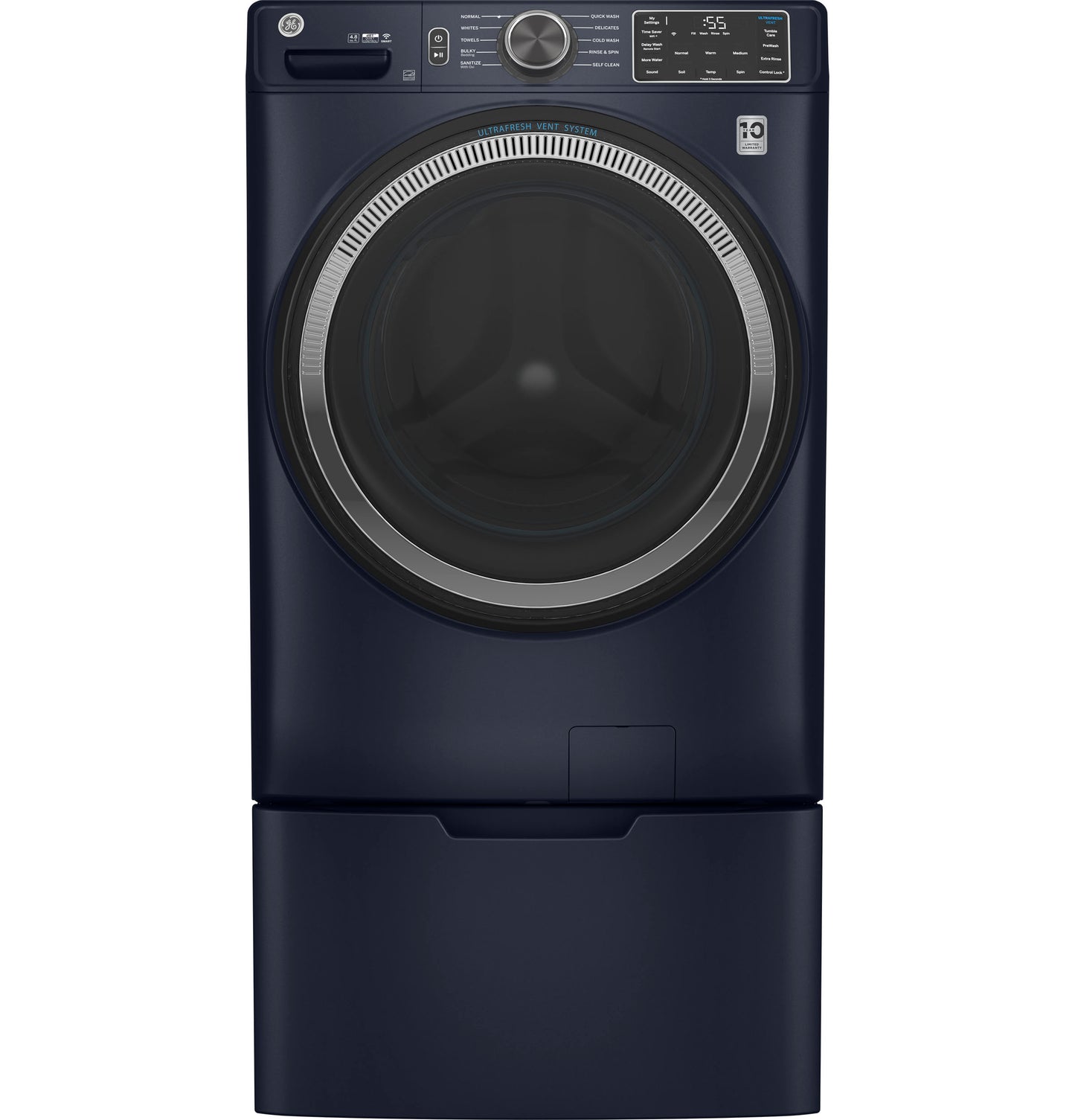 Navy blue smart front load washer with digital controls and large door from front load washers collection