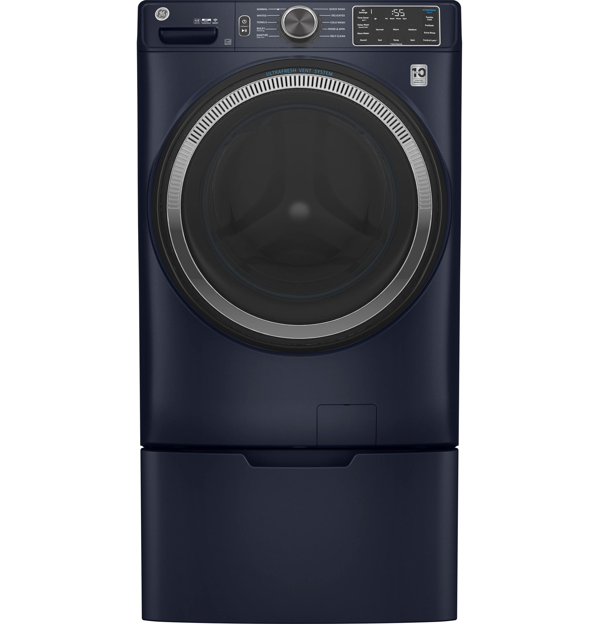 Navy blue smart front load washer with digital controls and large door from front load washers collection