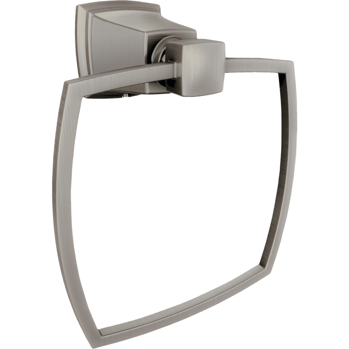 Brushed nickel towel ring with geometric frame and decorative mounting base for home improvement projects