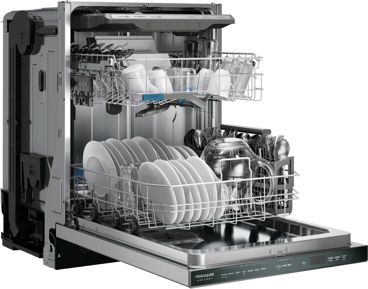 open stainless steel built-in dishwasher with clean dishes inside in kitchen appliances and dishwashers collection