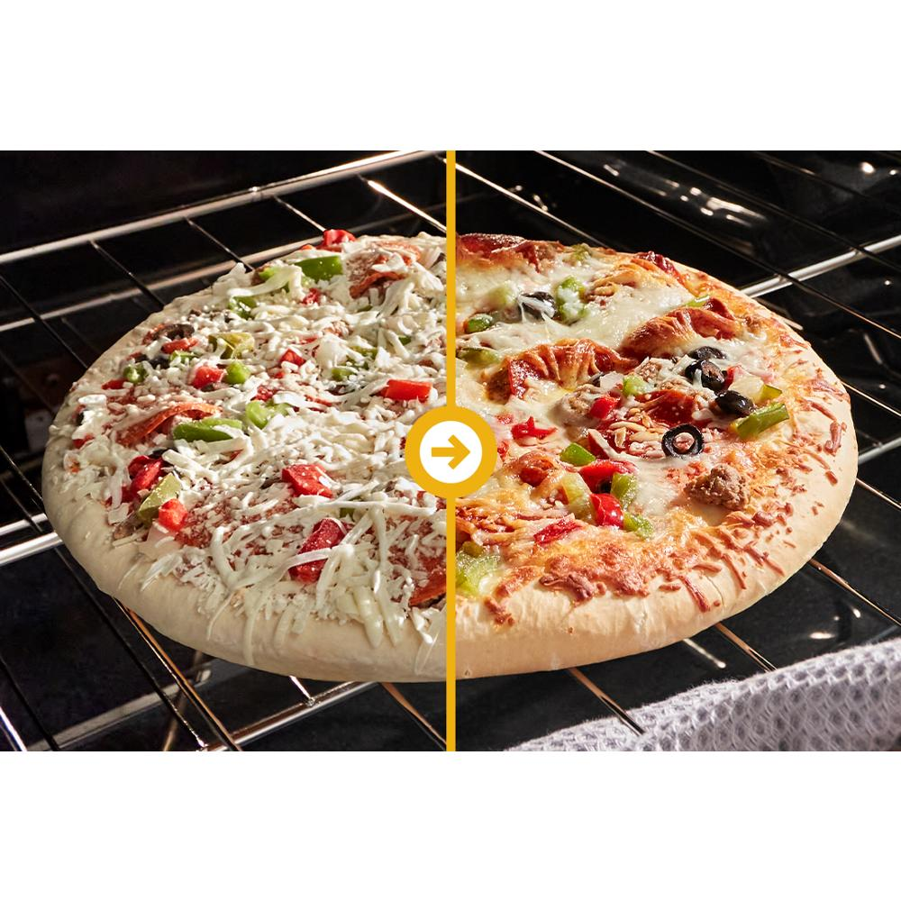 Side-by-side view of an uncooked and fully baked pizza inside an electric oven, demonstrating cooking performance for ranges and kitchenware collections.