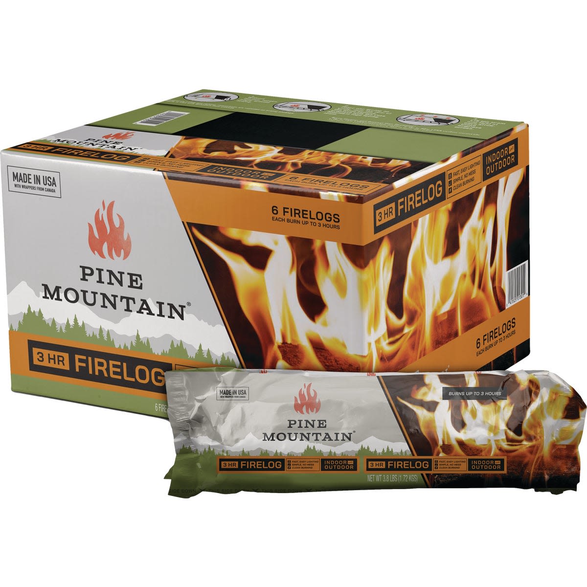 Box and wrapped fire log with flame design, branded Pine Mountain, in Indoor Tools and Under $50 collection