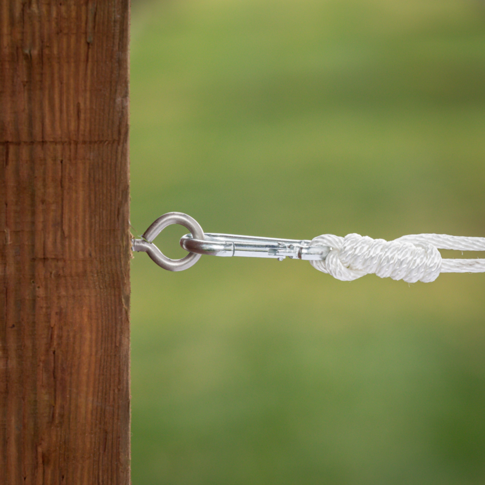 Stainless steel large screw eye anchored in wood with rope and metal clip for fasteners and home improvement projects under $50 collection