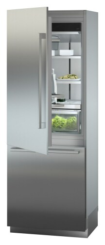 Stainless steel built-in refrigerator with open door showing organized shelves and fresh produce in appliances collection